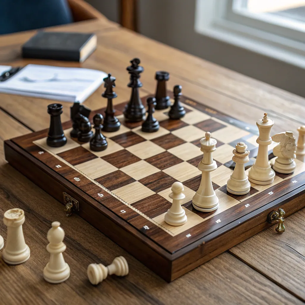 Chess board with pieces in action